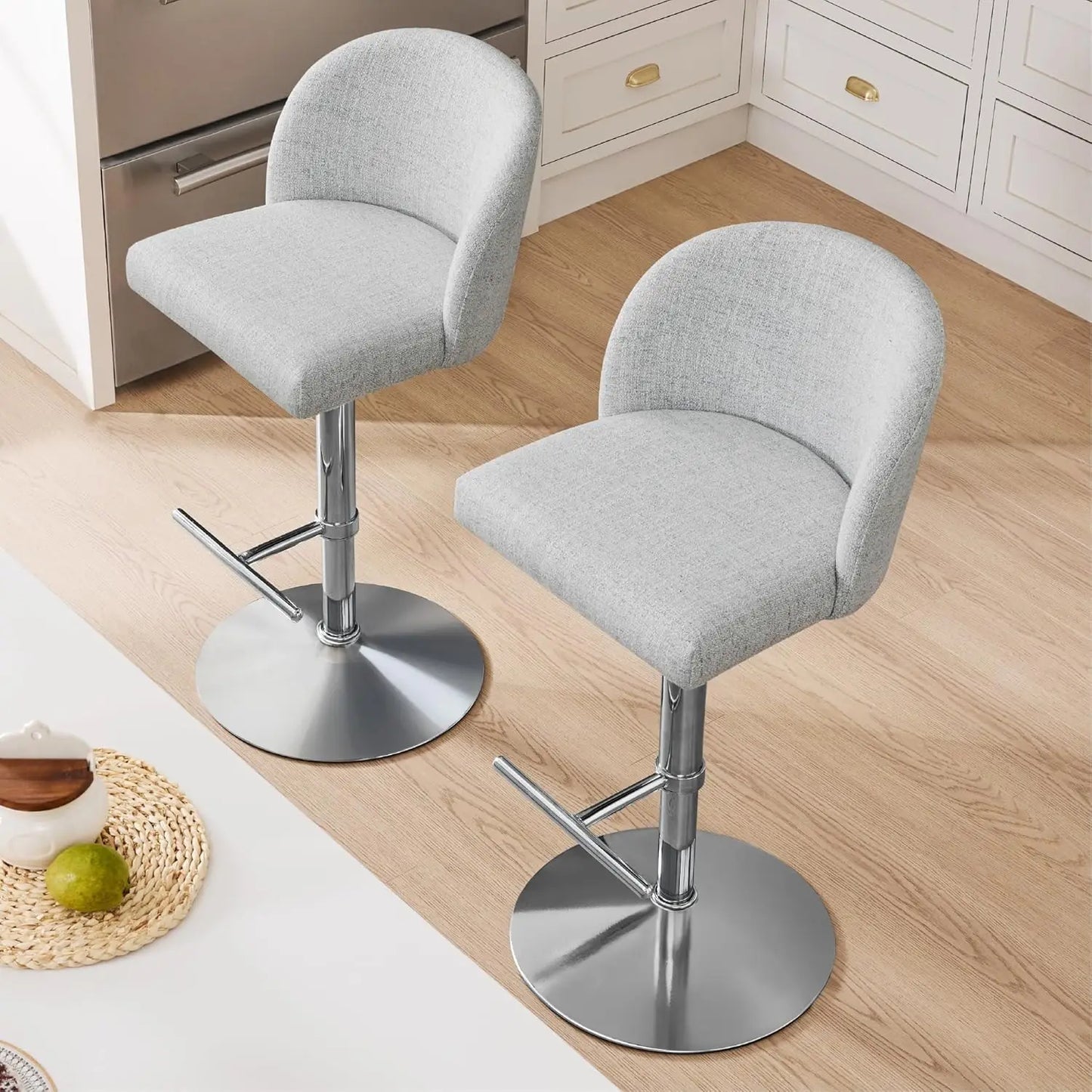 Adjustable Swivel Bar Stools with Back, Counter Stools Set of 3 for Kitchen Island, Height 25-33.7in, Fabric White, Customized