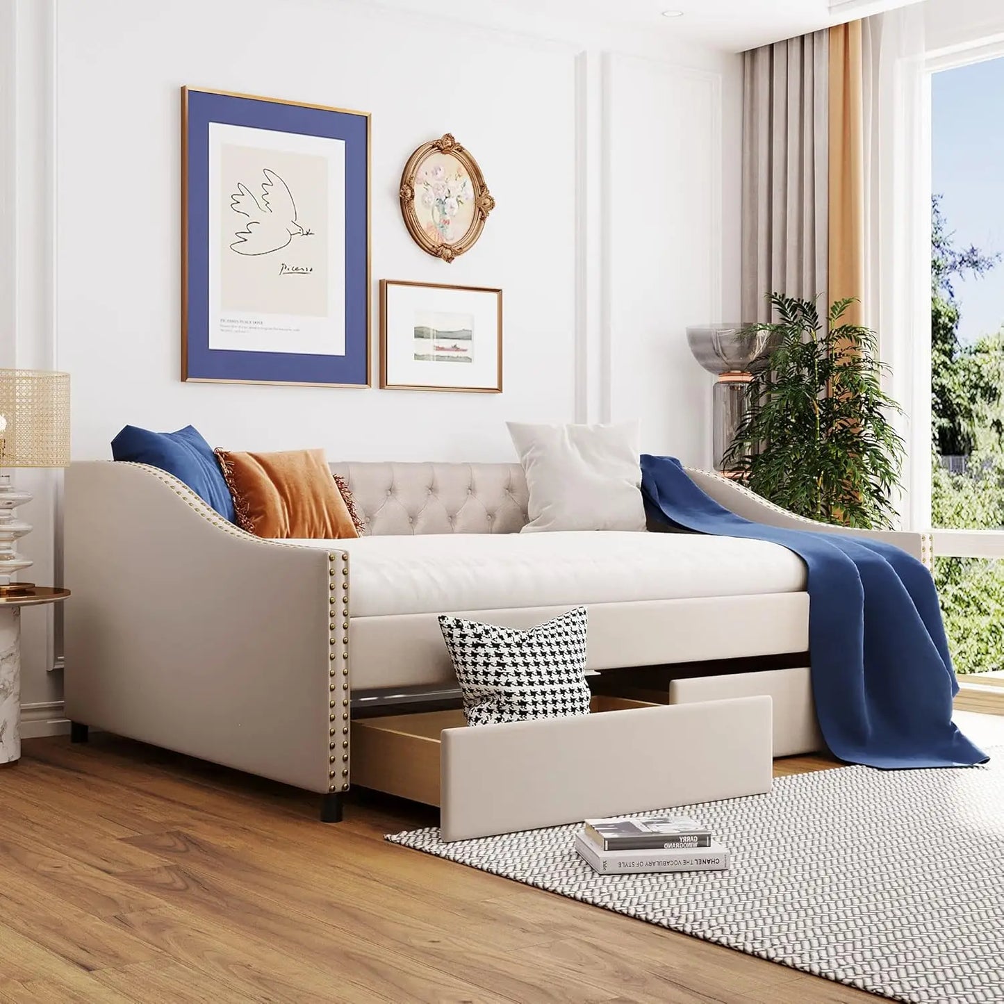 Full Size Daybed, Modern Luxury Tufted Button Upholstered Full Sofa Bed for Bedroom Living Room, Beige, Customized