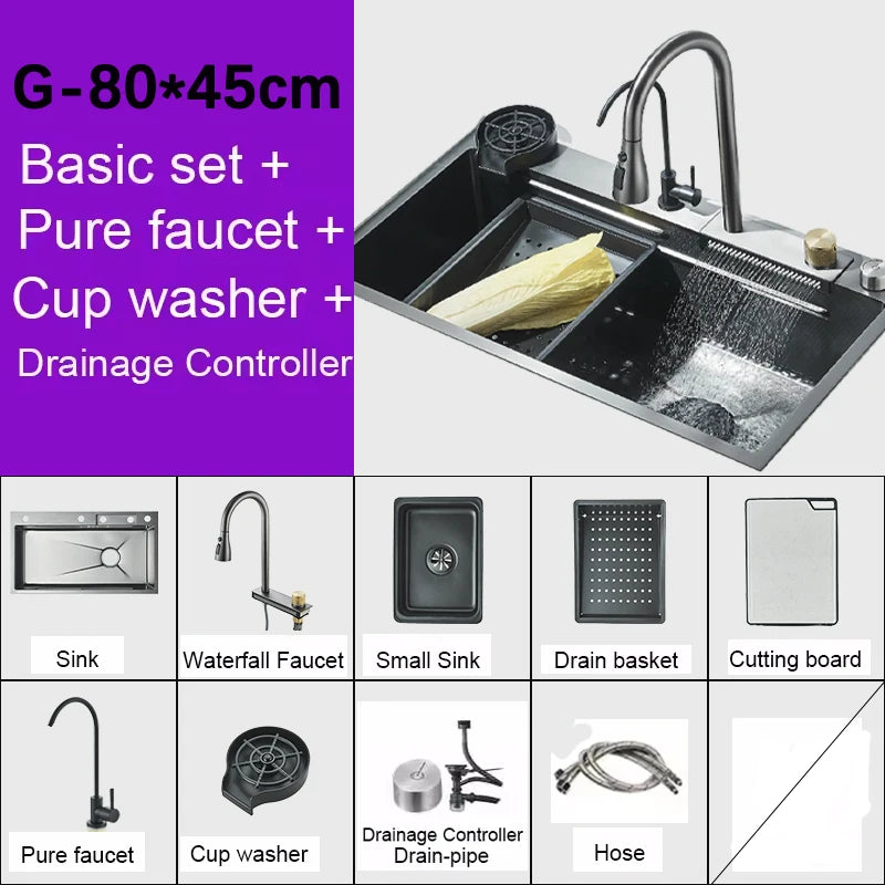 Multifunction 304 Stainless Steel Gray/Brushed Nickel Kitchen Sink Waterfall Faucet Large Single Bowl Cup Washer Pure Tap