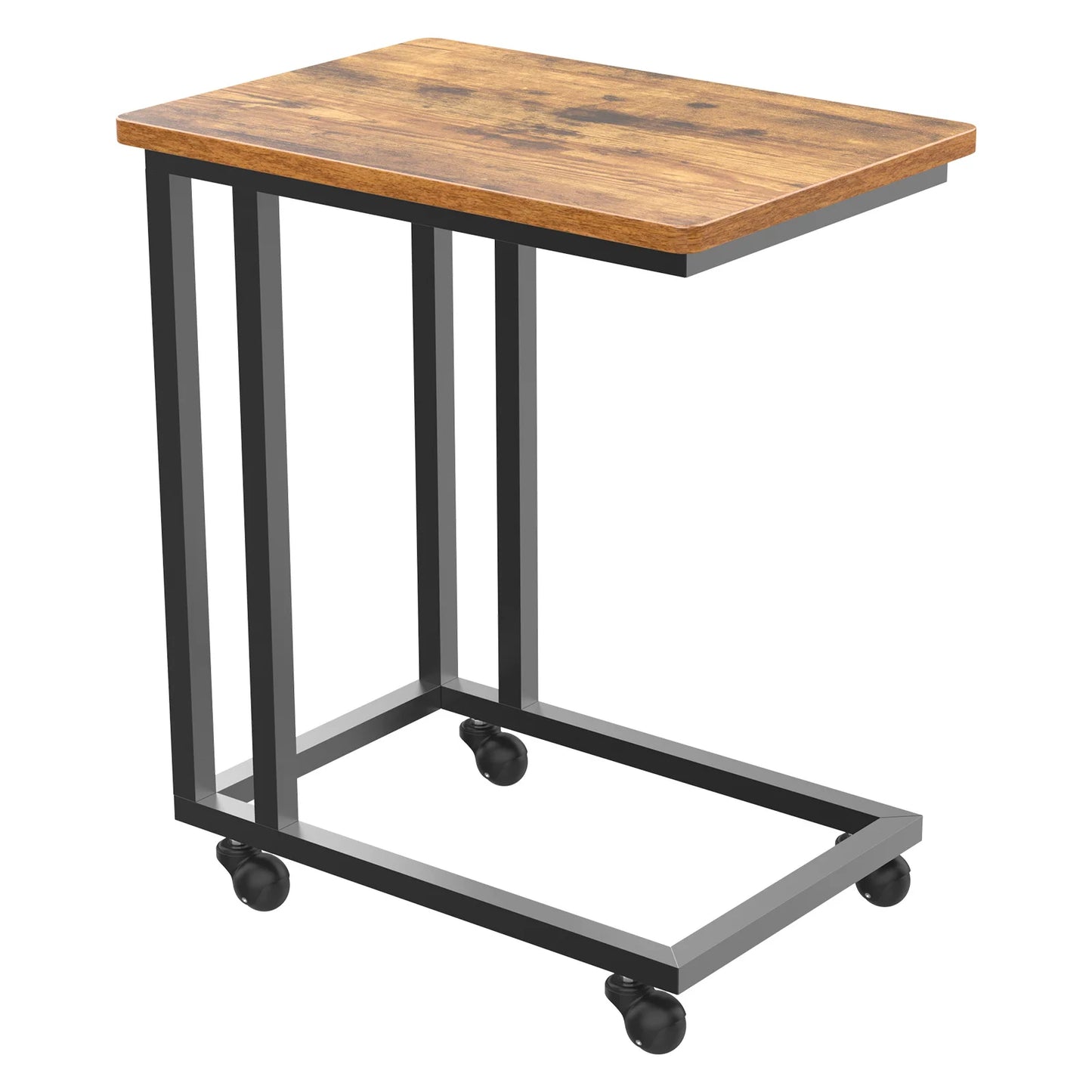 JHK Wood Sofa Table Overbed Bedside Desk Portable Rolling with Wheels Metal Frame Adjustable Feet for Living Room Bedroom