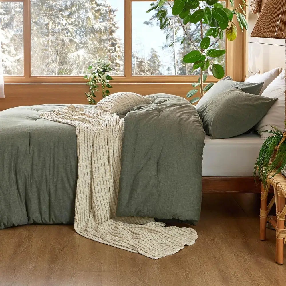 Cotton Comforter Set with Cotton Wale Throw Blanket - Olive Green King Size, Pillow Shams, Beige Cooling Blanket from Bamboo or