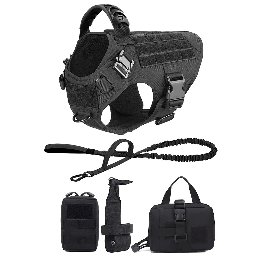 Adjustable Tactical Dog Harness With Leash And Detachable Pocket Pack For Medium Large Dogs Outdoor Training Walking Hiking Running No Pull Pet Vest Set