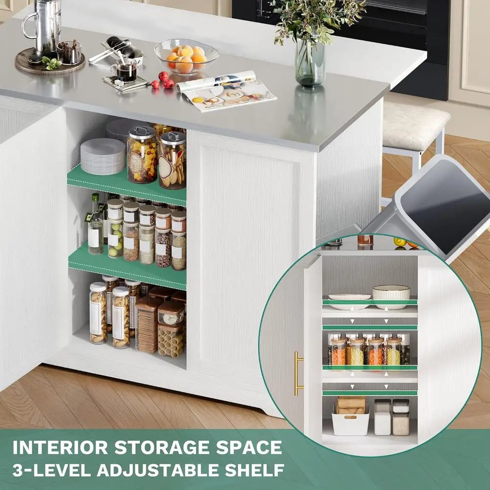 Kitchen Islands with Seating, 47" Mobile Storage Island with Trash Can, Rolling Kitchen Island Cart with Drop Lea & Stainluntert