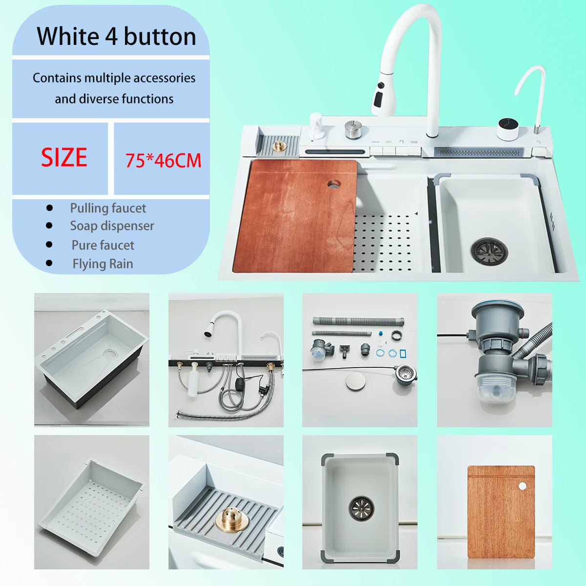 Brushed Gold 304 Stainless Steel Waterfall Style Modern Kitchen Large Single Slot Button Integrated Digital Display Faucet Set
