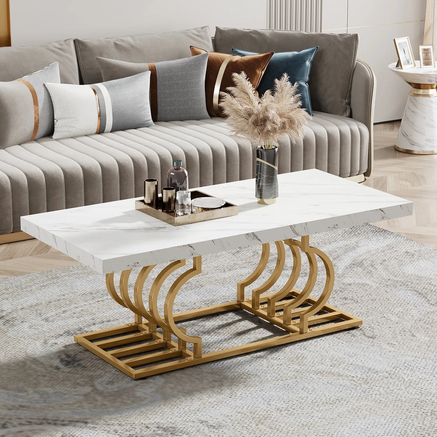 Tribesigns Rectangle Coffee Table, 47.24-inch Modern Coffee Tables for Living Room, 2-Tier Faux Marble Wood Coffee Table