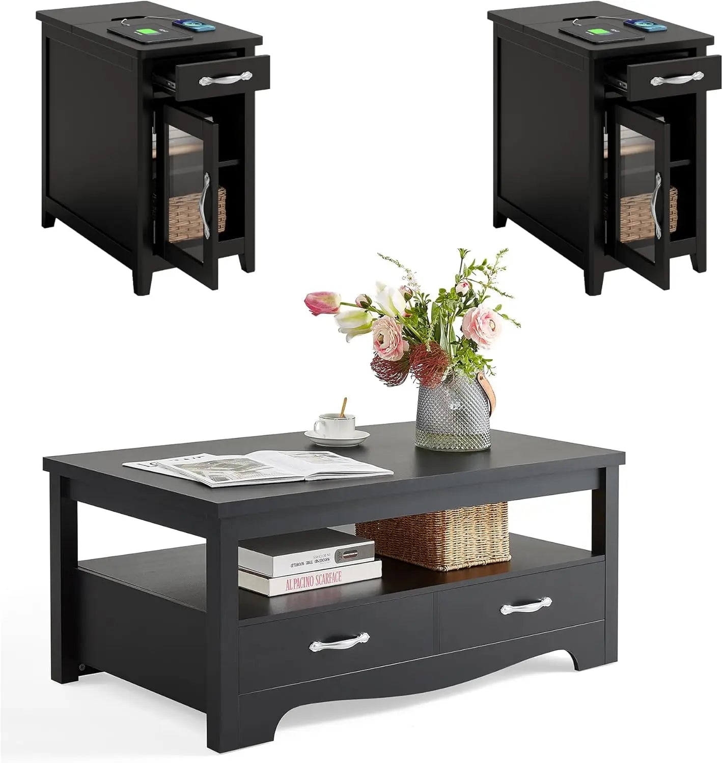 Farmhouse Coffee Table Sets 3 Pieces, Wood Living Room Table Set Include 41" Coffee Table, End Table Set of 2