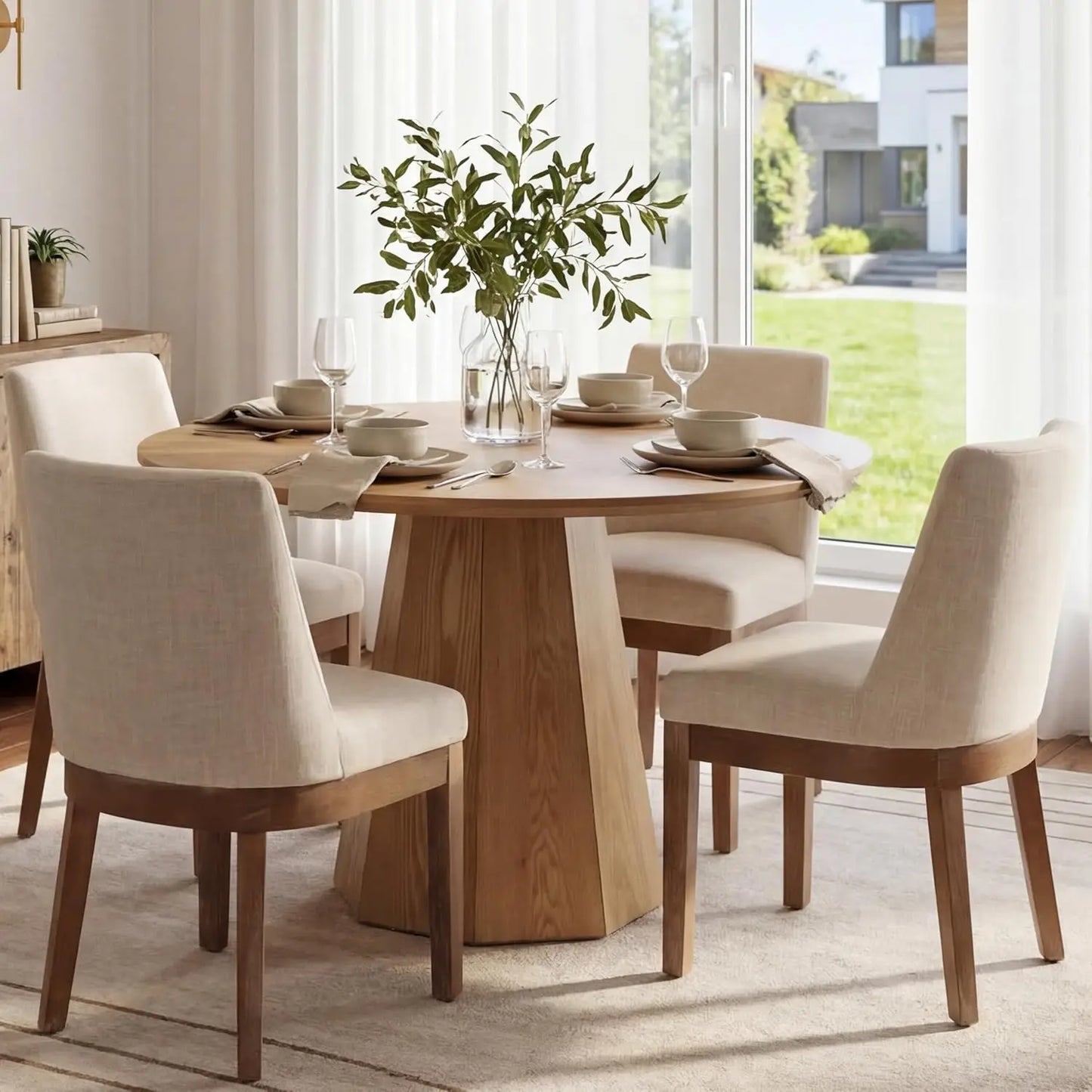 Modern Linen Dining Chairs Set of 4 Upholstered Kitchen Side Chair Wood Legs Beige Custom