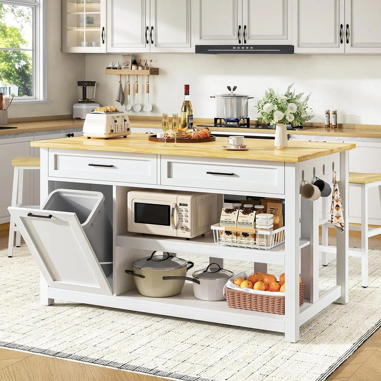 Kitchen Island with Storage and Seating Include 2 Bar Stools, 47" Solid Rubberwood Top Kitchen Island with Trash Can, Custom