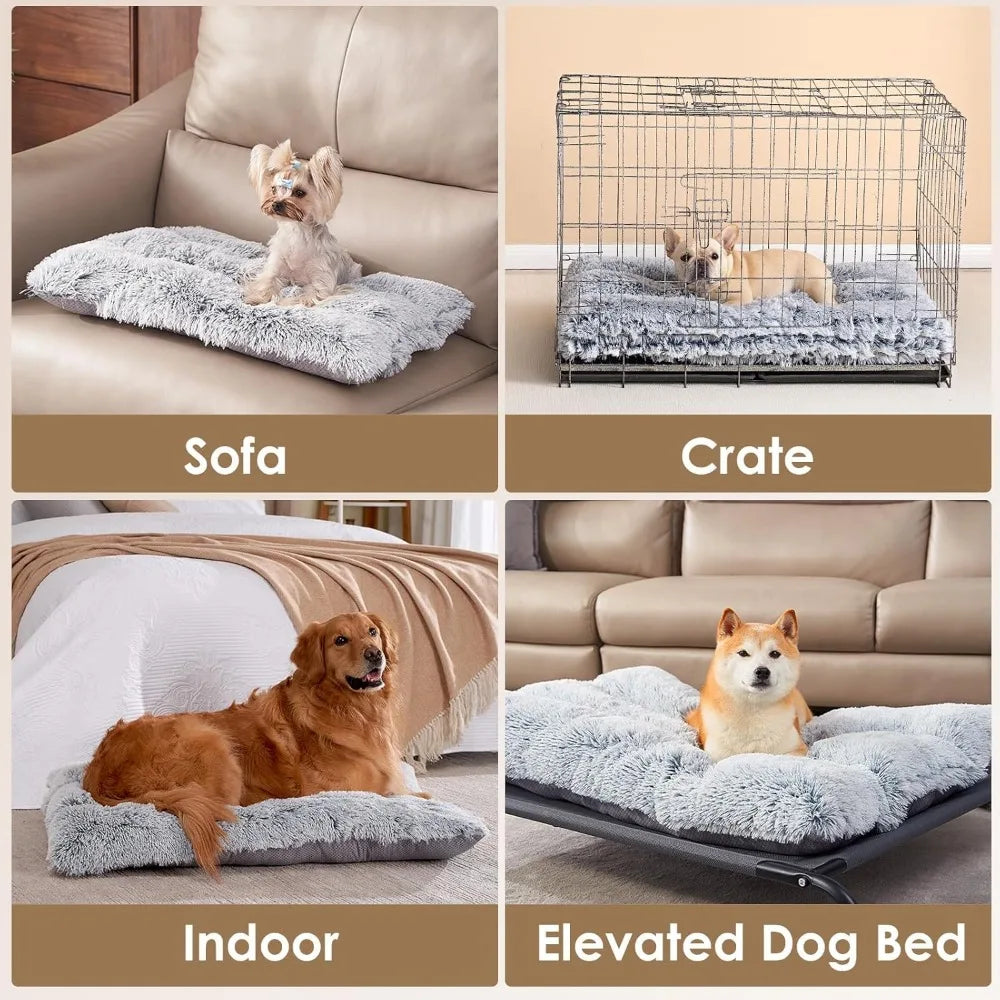 Extra Large Fluffy Dog Crate Bed Plush Faux Fur Calming Anti Anxiety Washable Soft Warm Mat Non-Slip Bottom Grey