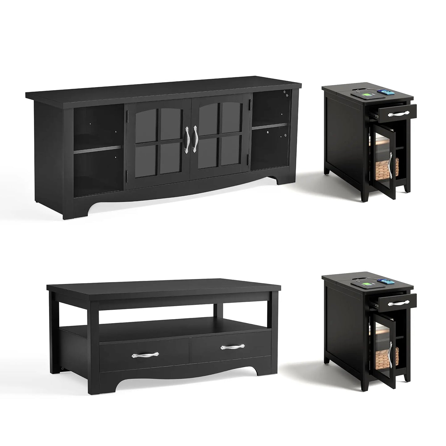 Living Room Table Sets 4 Piece with TV Stand, Farmhouse TV Stand for 65 Inch TV, Two End Table with Charging Station, Brown