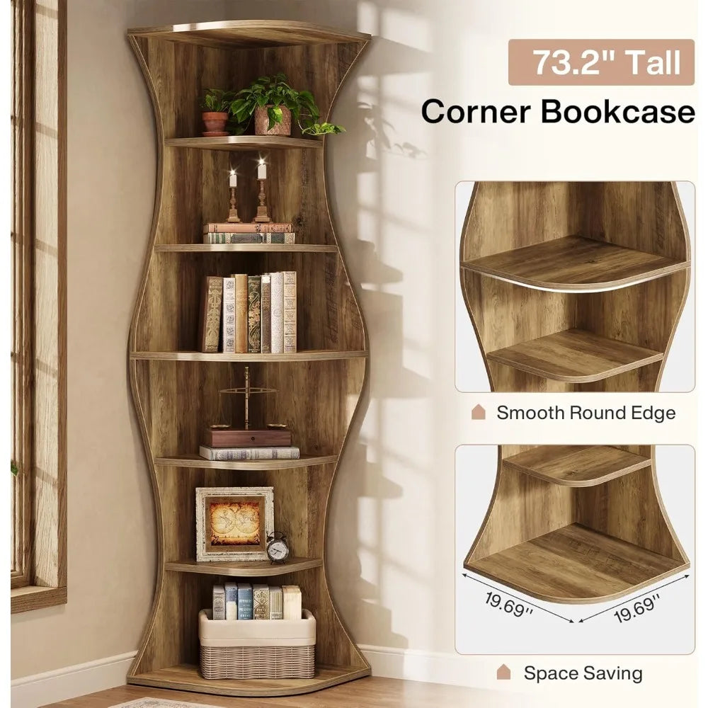 73.2"Tall Corner Bookcase, Farmhouse 6-Tier Corner Shelf for Small Space, Freestanding Bookshelf Display Shelf Plant Stand