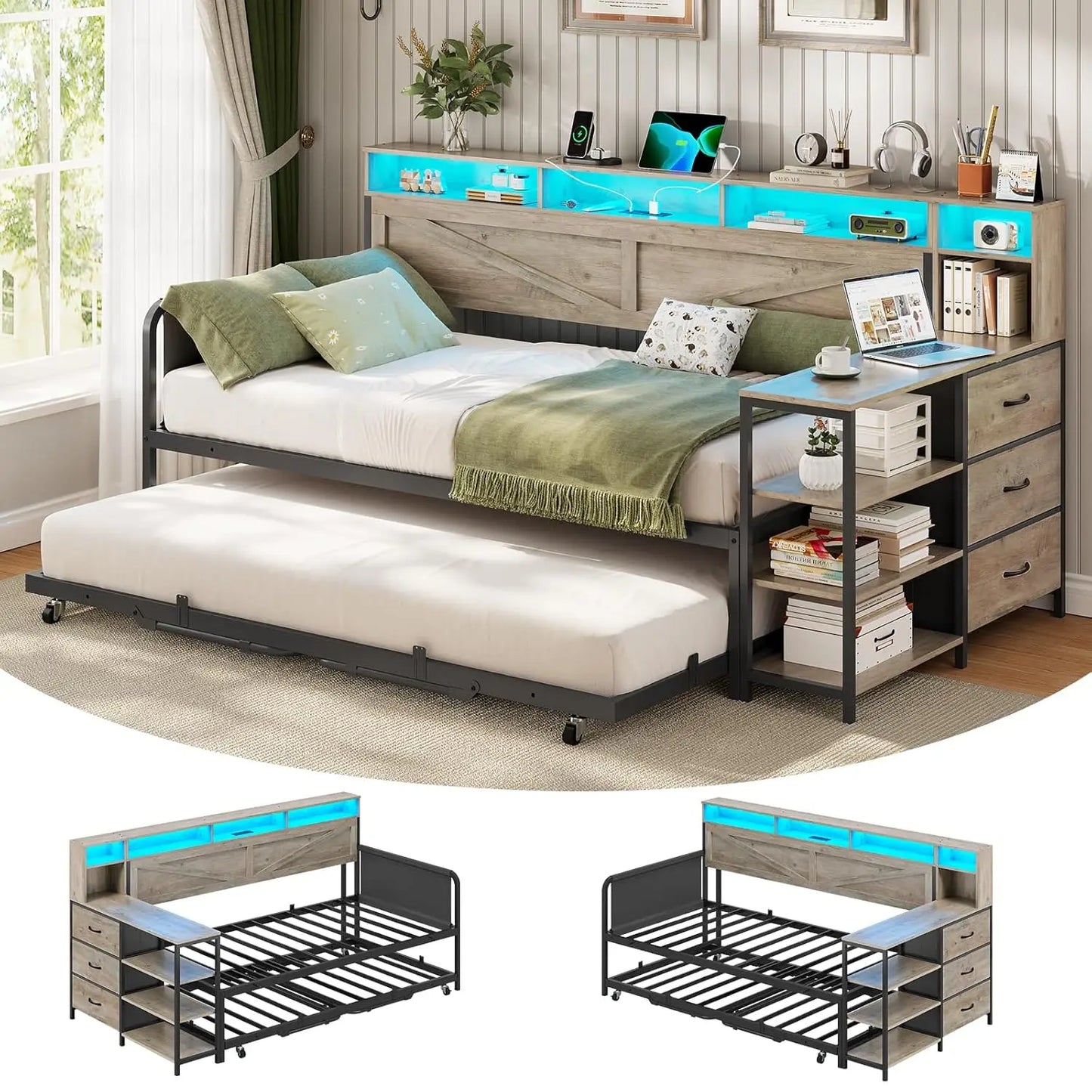 Daybed Twin with Pop Up Trundle, Farmhouse Wooden Day Bed Frame with 3 Storage Drawers and Shelves, Twin to King, Customized
