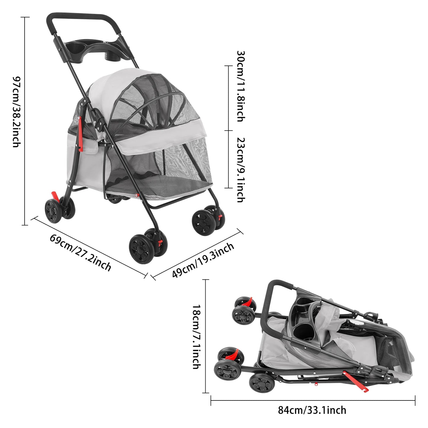 Foldable Pet Stroller Dogs Travel Cart Cats Wheelcart 69*49*97cm Lightweight for Small to Medium-sized Dog and Cat 4.54-18.14kg