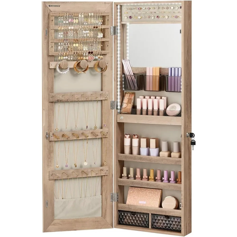 Jewelry Cabinet Armoire Organizer with LED Lights, Wall-Mounted Storage Cabinet with Full-Length Frameless Mirror