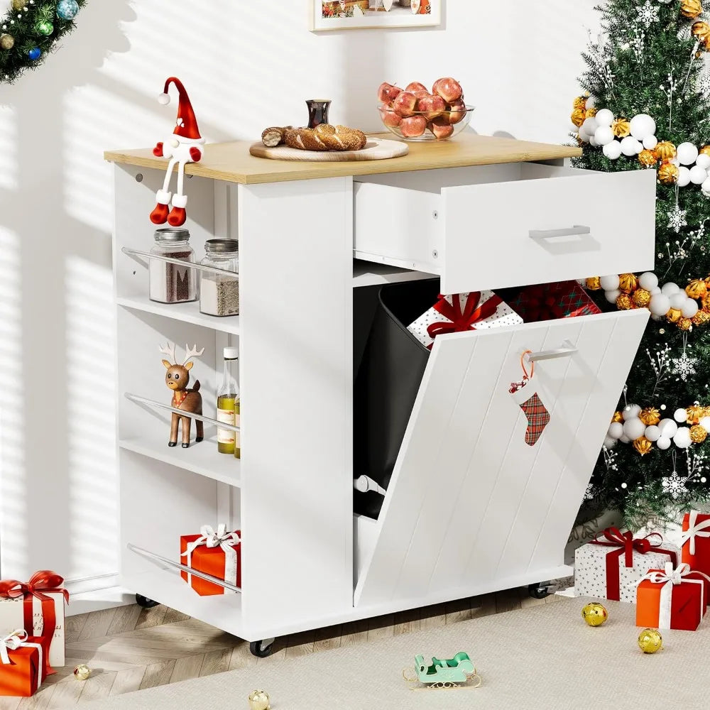 Rolling Kitchen Island with Trash Can Storage, Portable Kitchen Island on Wheels with Towel Rack & Spice Rack, Tilt Out Trash Ca