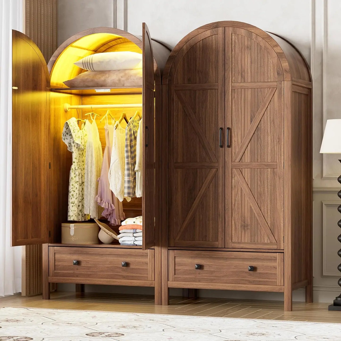 Armoire Wardrobe Closet with Drawers and 2 Arched Fluted Doors, 70.9‘’ Tall Wooden Bedroom Armoires with LED Light,Customized