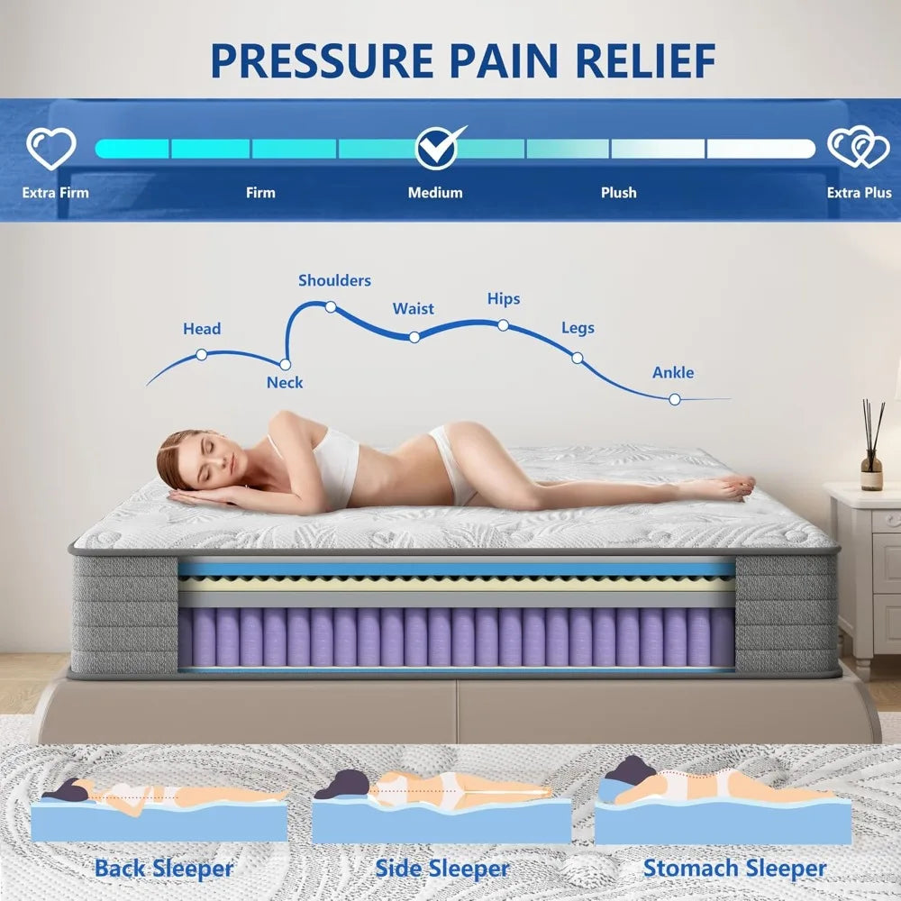 12 Inch Medium Firm Gel Infused Memory Foam and Pocket Spring Hybrid Mattresses Cool Sleep Relieving Pressure Relief.Customized