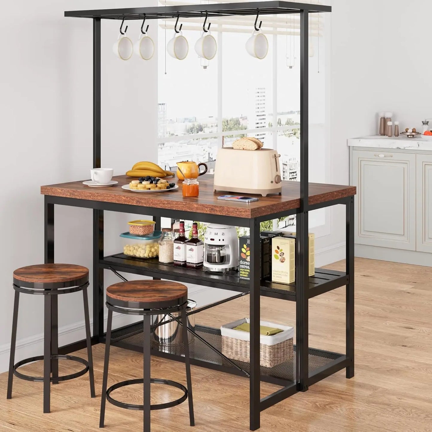 42" Kitchen Island with Storage & Seating - 3-Tier Bakers Rack, Microwave Stand, Dining Table for 4, 5 Hooks & 50lb Capacity, Mu