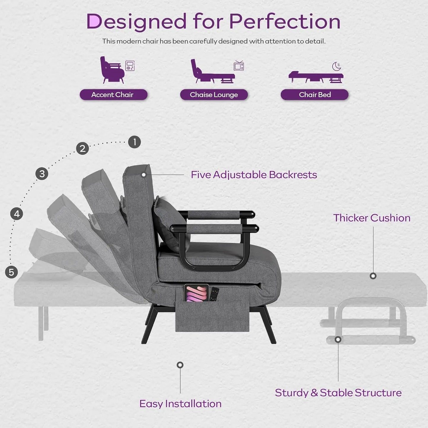 Convertible Sleeper Chair Bed 5-in-1 Adjustable Backrest Side Pockets Pillow Small Space Office Dark Grey Customized