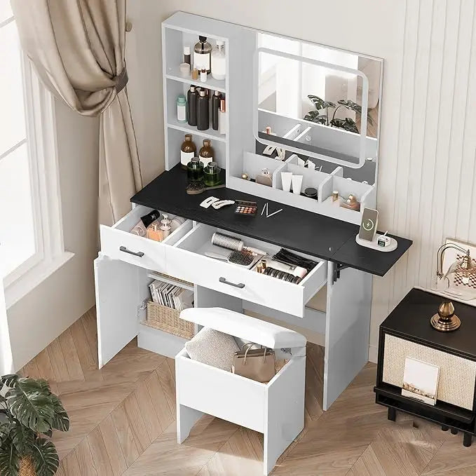 Large Farmhouse Makeup Vanity Desk with Mirror And Lights - Includes Power Outlet Drawers And Cabinet for Bedroom ,Customized