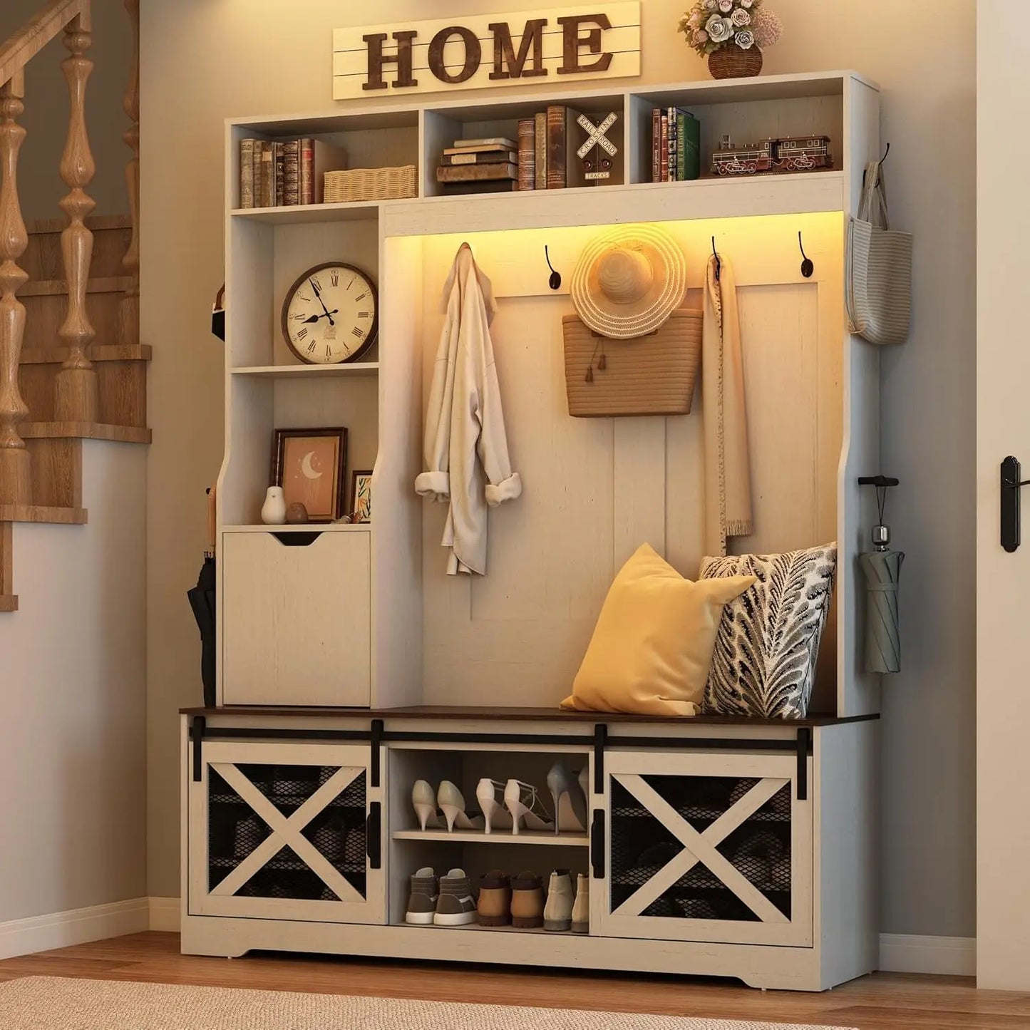 75in Farmhouse Hall Tree Entryway Storage Bench Coat Rack Shoe Cubbies Umbrella Holder Drawer Mudroom Cabinet, Custom