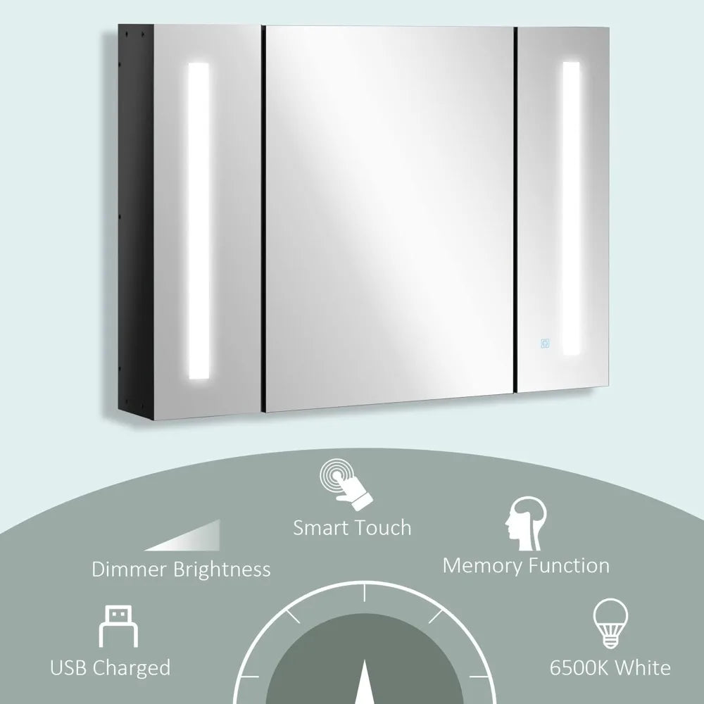 Wall Mounted Mirror Cabinet, LED Lighted Medicine Cabinet with 3 Doors, Adjustable Shelves, Memory Function