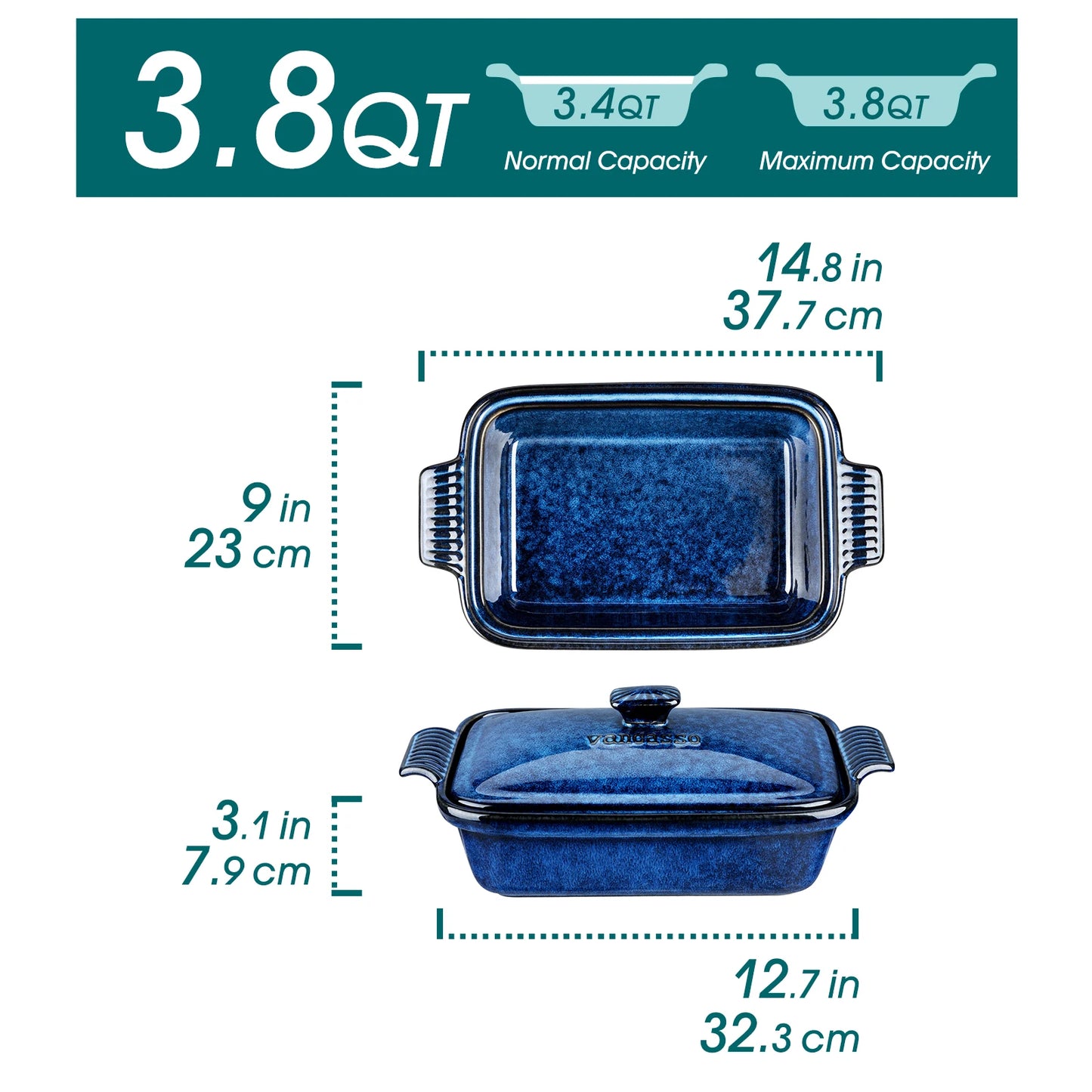 vancasso Starry 3.8/1.9 Quart Blue Casserole Baking Dish large lasagna pan with lid Stoneware casserole with lid Microwave