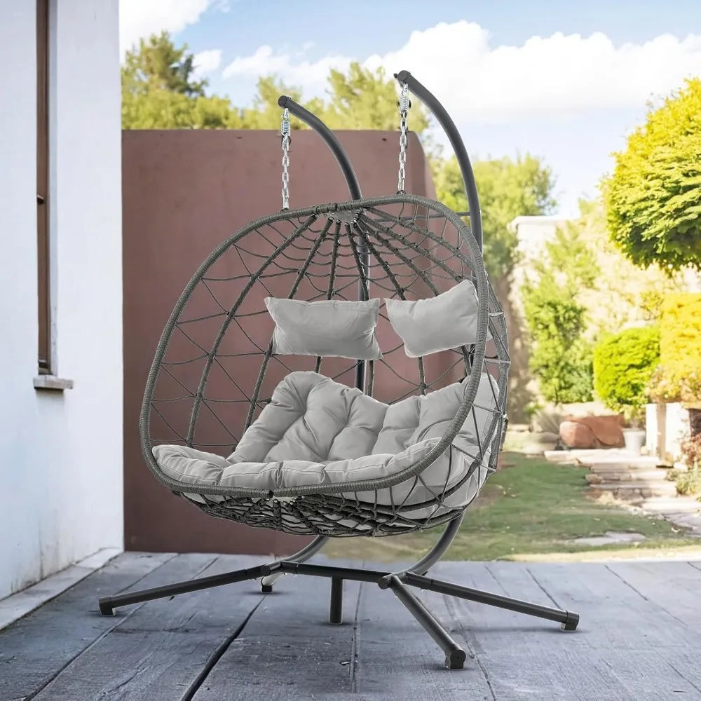 2-person Double Egg Swing Chair, Outdoor Hammock Egg Chair, Terrace Wicker Egg Chair with Cushion
