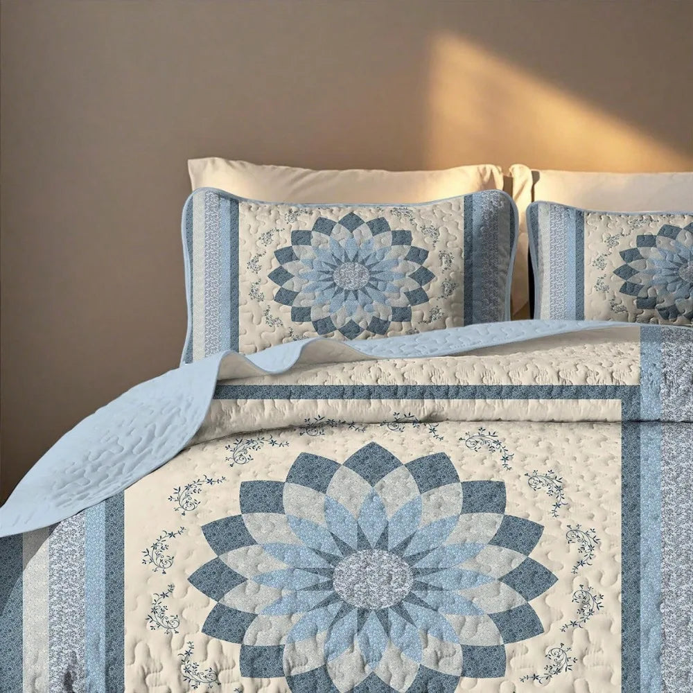 2/3 Pieces Elegant Blue Floral Print Quilt Set(1 Quilt + 1/2 Pillowcases), 100% Polyester Material Is More Breathable In Summer