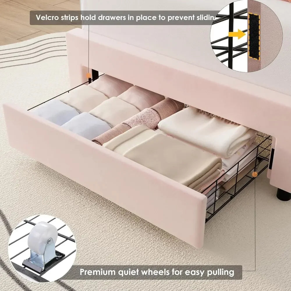 Upholstered LED Bed with Storage, Adjustable Headboard, Solid Wood Slats, No Box Spring Needed, Pink for Girls/Kids
