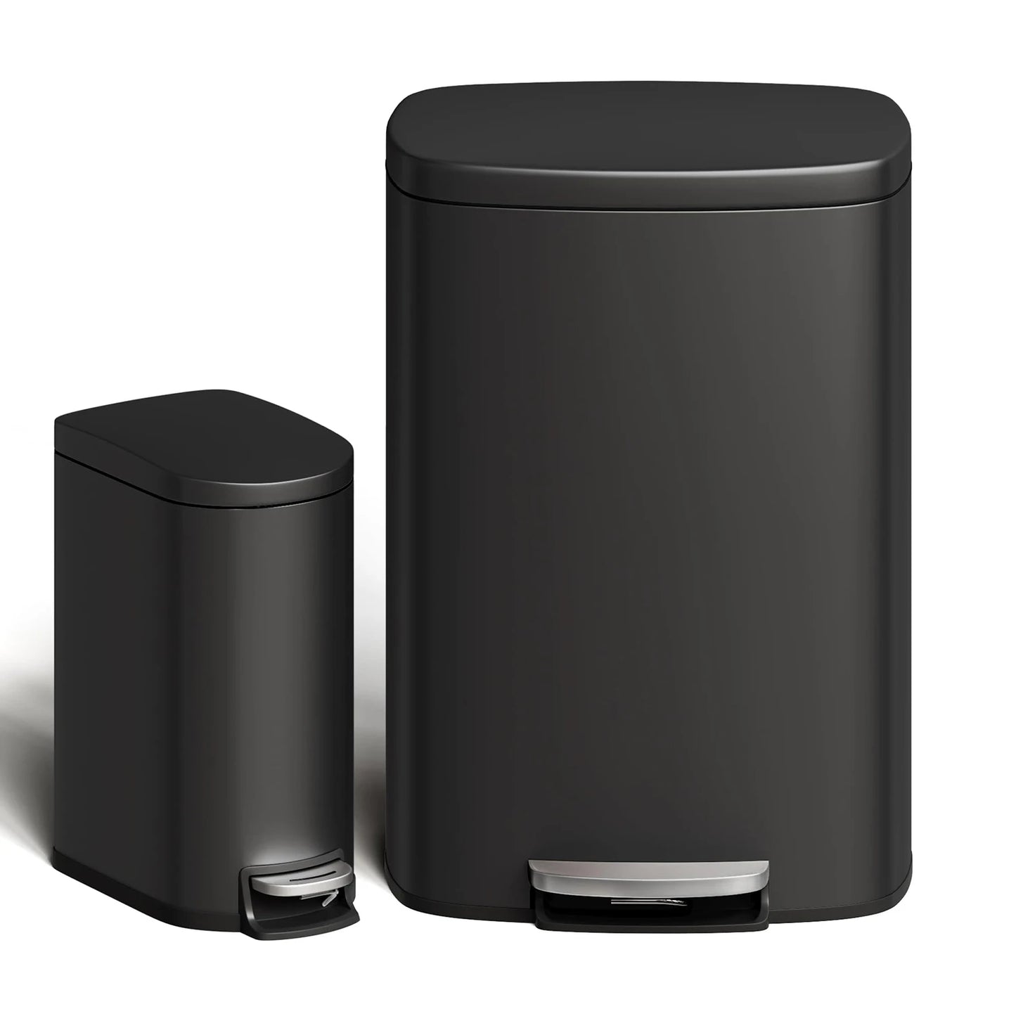 Durable Step-On Kitchen Trash Can Combo Set 50L+10L Stainless Steel Garbage Bins w/Removable Inner Buckets for Kitchen Bathroom