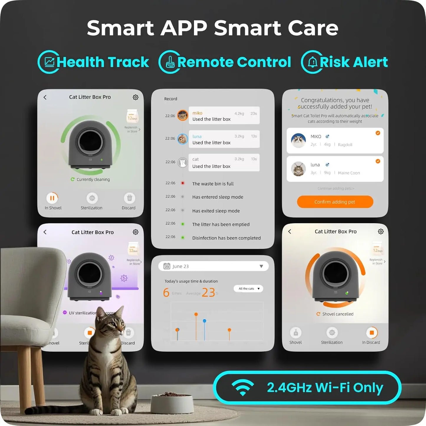 Self Cleaning Automatic Cat Litter Box, App Control, Hands Free for Multi-Cat, Safe,with Mat, Bags & Deodorizer,Dark Grey,Custom