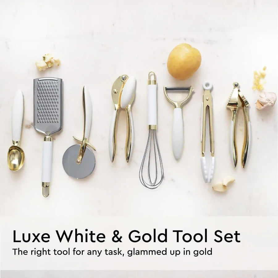White and Gold Kitchen Utensils Set 23Piece Gold Kitchen Accessories Include Measuring Cups and Spoons Set Silicone Utensils an
