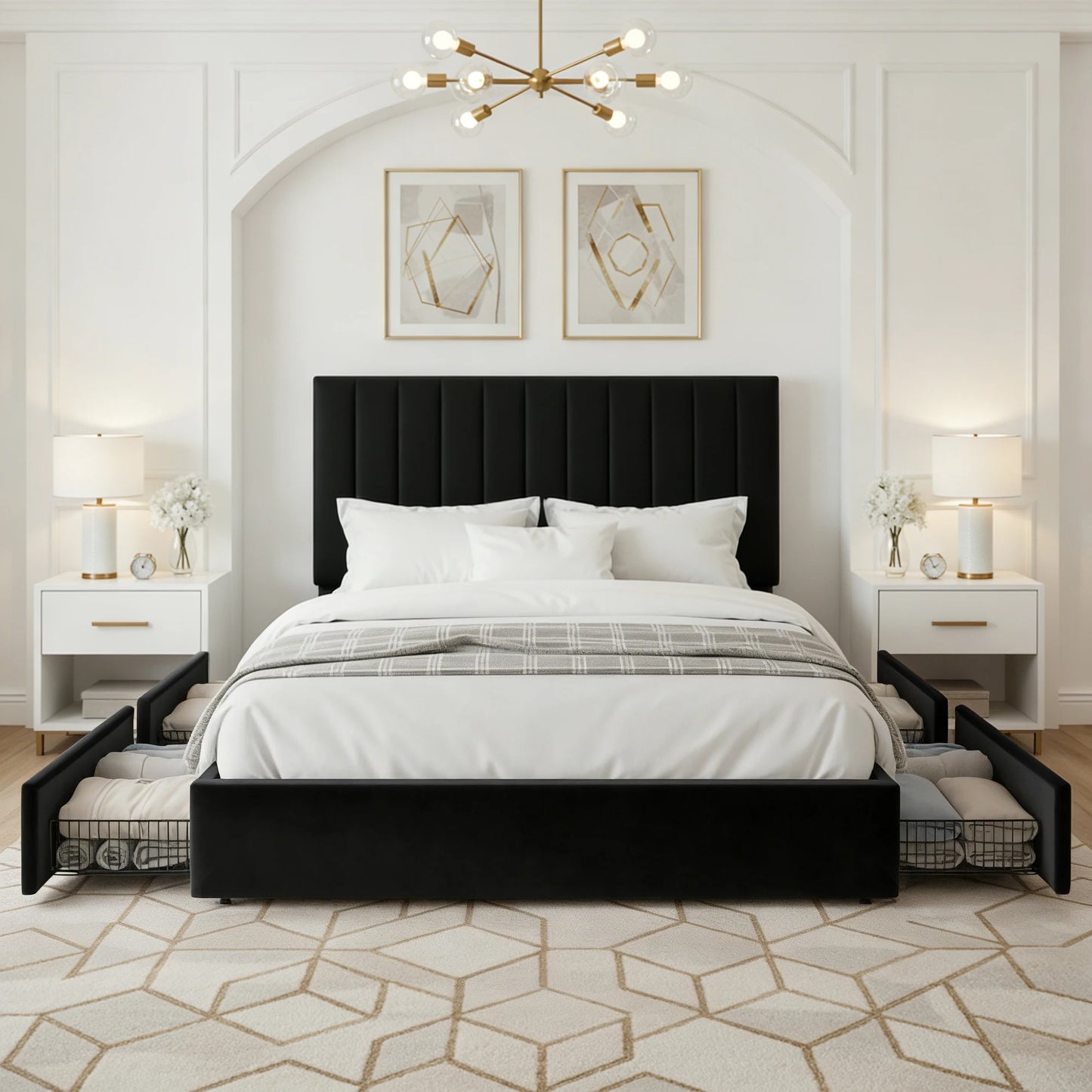 HOOMIC Full/Queen/King Velvet Storage Bed Frame with Adjustable Vertical Channel Headboard,4 Large Drawers, No Box Spring Needed