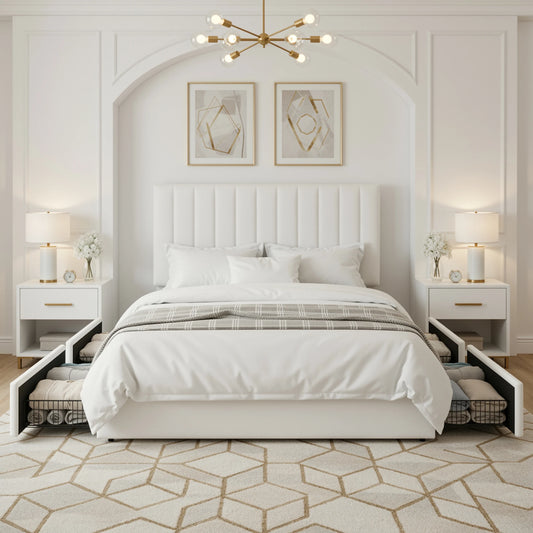 HOOMIC Full/Queen/King Velvet Storage Bed Frame with Adjustable Vertical Channel Headboard,4 Large Drawers, No Box Spring Needed