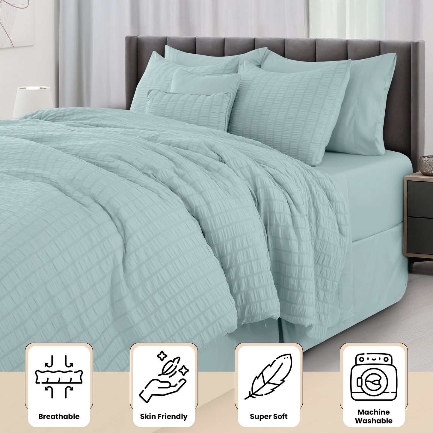 Lux Decor 10 Piece Comforter Set, Seersucker Bed in a Bag King Bedding Set - Down Alternative Comforter Set with Sheets
