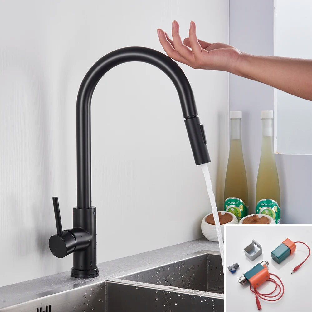 Brushed Smart Touch On Kitchen Faucet Sensor 360 Rotation Pull Out Single Handle Mixer Tap Two Water Modes Sink Crane Hot Cold