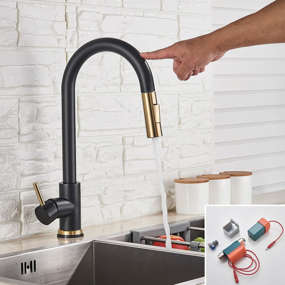 Brushed Smart Touch On Kitchen Faucet Sensor 360 Rotation Pull Out Single Handle Mixer Tap Two Water Modes Sink Crane Hot Cold