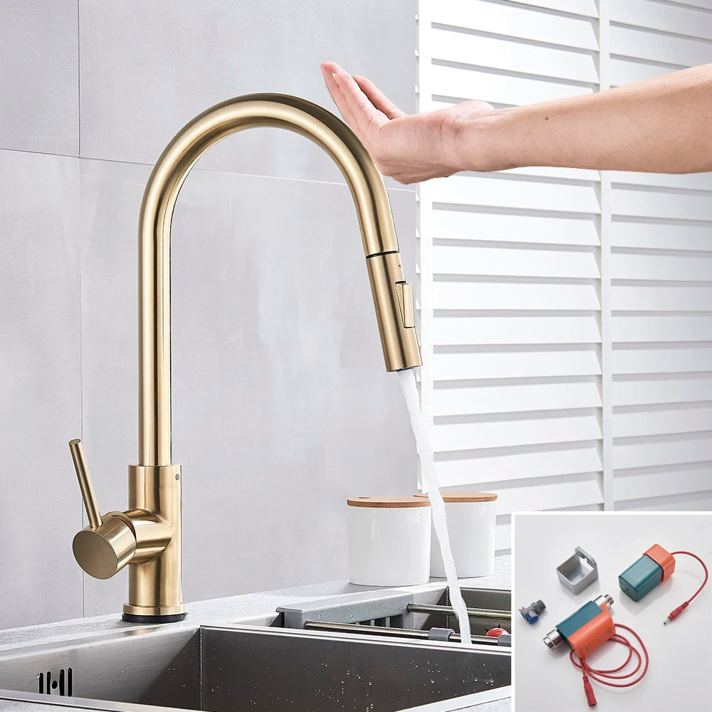 Brushed Smart Touch On Kitchen Faucet Sensor 360 Rotation Pull Out Single Handle Mixer Tap Two Water Modes Sink Crane Hot Cold