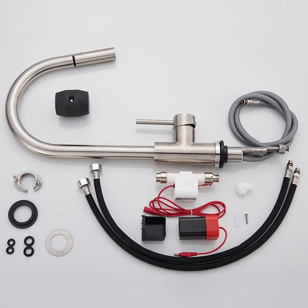 Brushed Smart Touch On Kitchen Faucet Sensor 360 Rotation Pull Out Single Handle Mixer Tap Two Water Modes Sink Crane Hot Cold