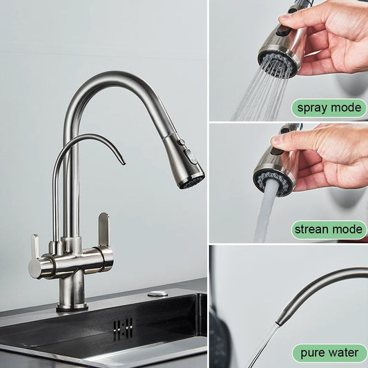 Antique Kitchen Sink Pure Faucet Pull Out Spout Hot Cold Mixer Taps Deck Mount Hot Cold Mixer Taps Purification Kitchen Crane
