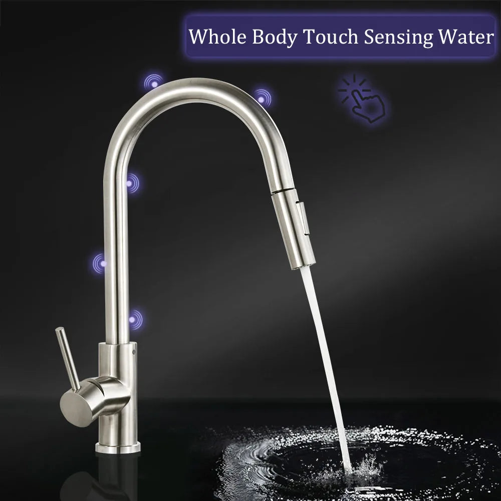 Brushed Smart Touch On Kitchen Faucet Sensor 360 Rotation Pull Out Single Handle Mixer Tap Two Water Modes Sink Crane Hot Cold