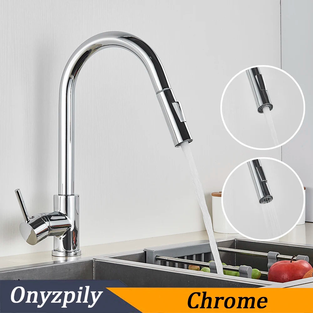 Brushed Smart Touch On Kitchen Faucet Sensor 360 Rotation Pull Out Single Handle Mixer Tap Two Water Modes Sink Crane Hot Cold