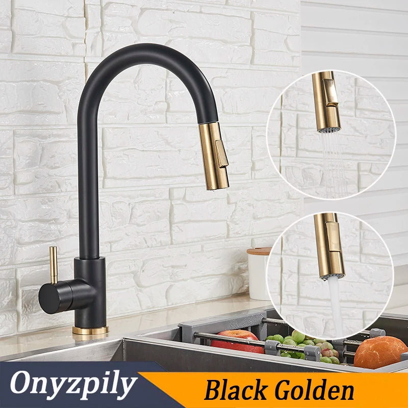 Brushed Smart Touch On Kitchen Faucet Sensor 360 Rotation Pull Out Single Handle Mixer Tap Two Water Modes Sink Crane Hot Cold