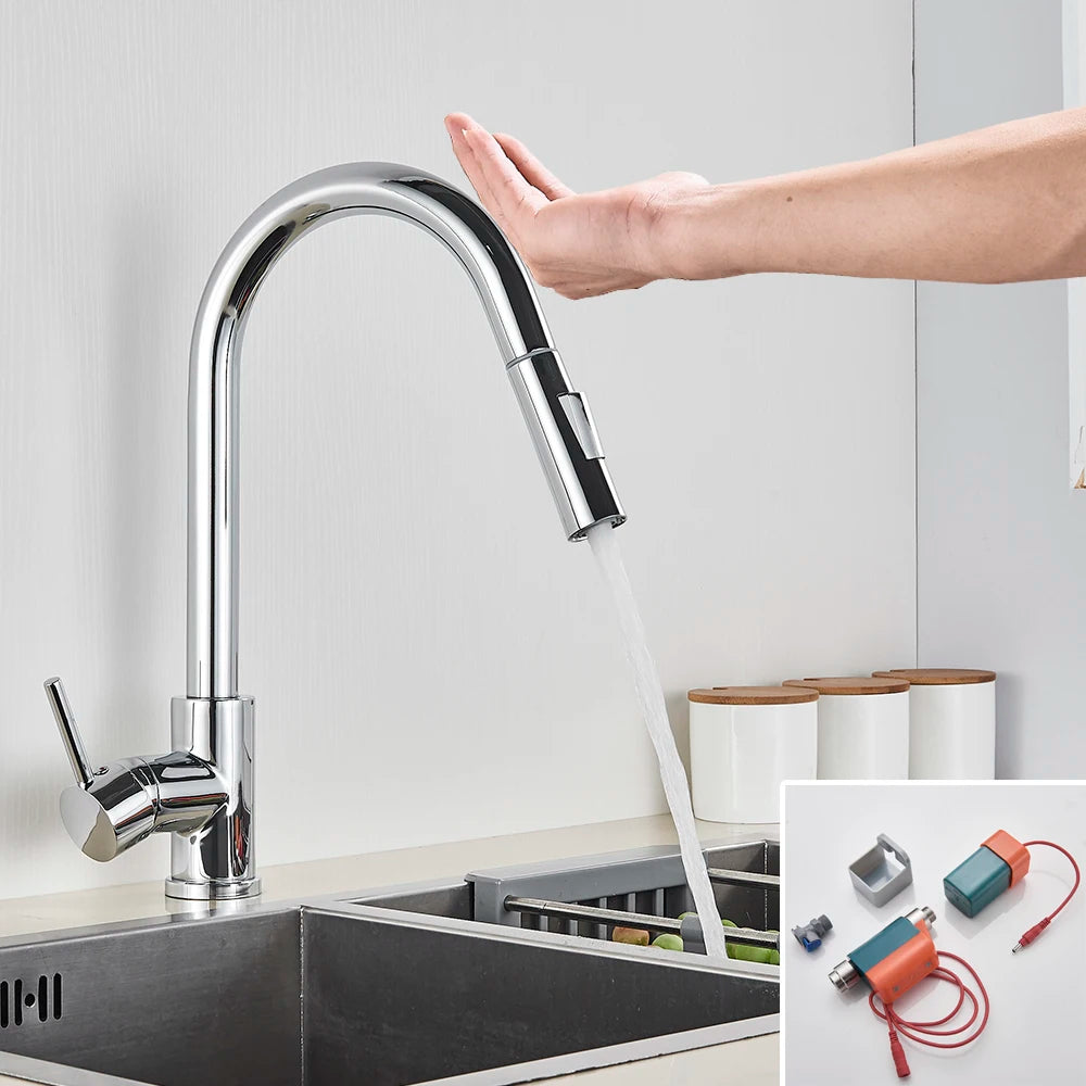 Brushed Smart Touch On Kitchen Faucet Sensor 360 Rotation Pull Out Single Handle Mixer Tap Two Water Modes Sink Crane Hot Cold