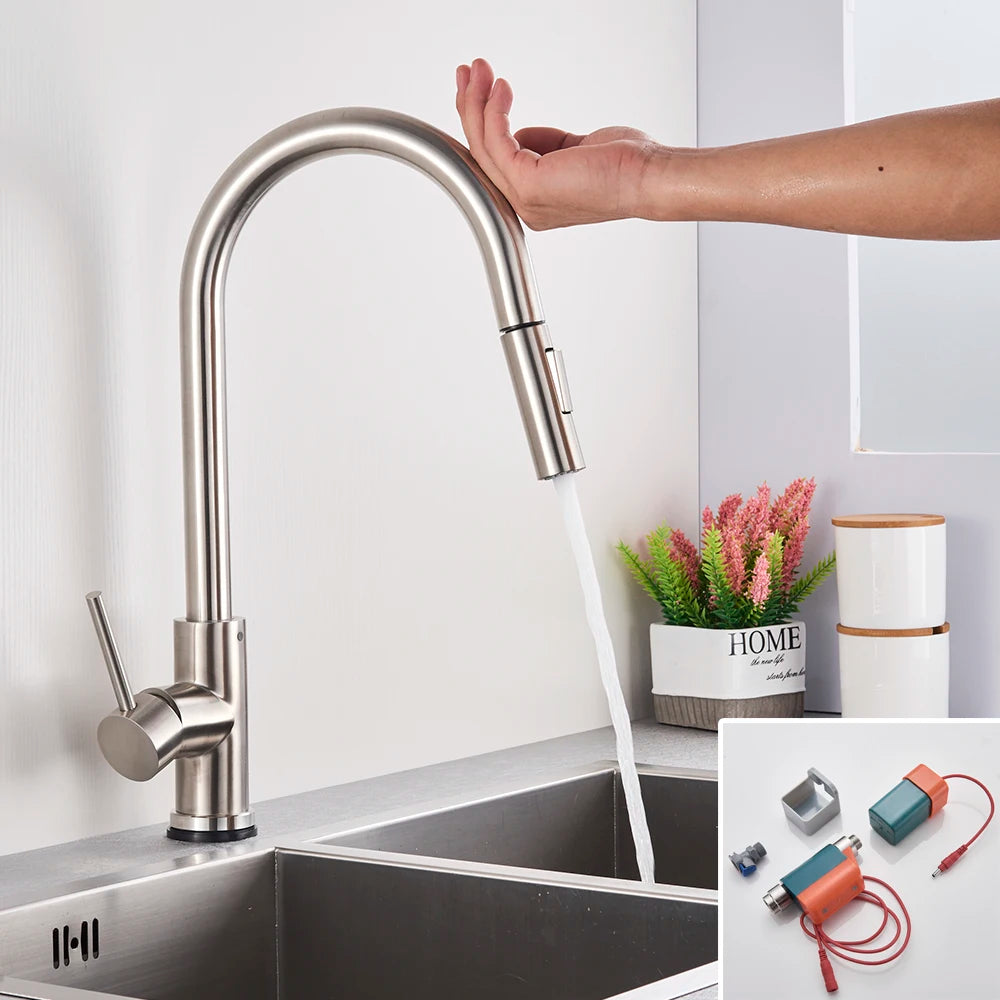 Brushed Smart Touch On Kitchen Faucet Sensor 360 Rotation Pull Out Single Handle Mixer Tap Two Water Modes Sink Crane Hot Cold