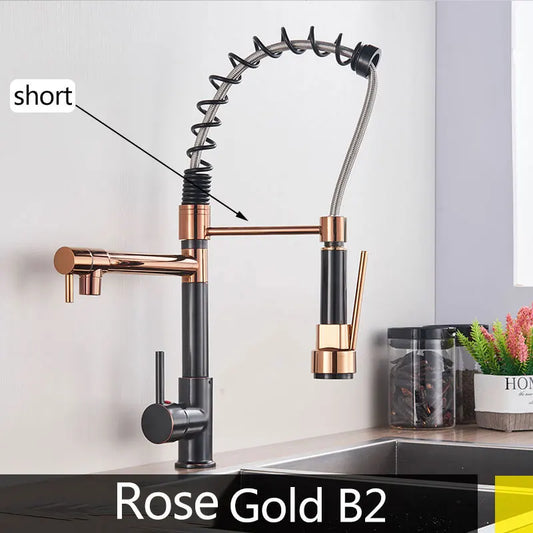 Popular Kitchen Spring Sink Faucet Rose Gold Color New Matching Hot Cold Bath Mixer Tap Modern Free Rotation Pull Down Spout