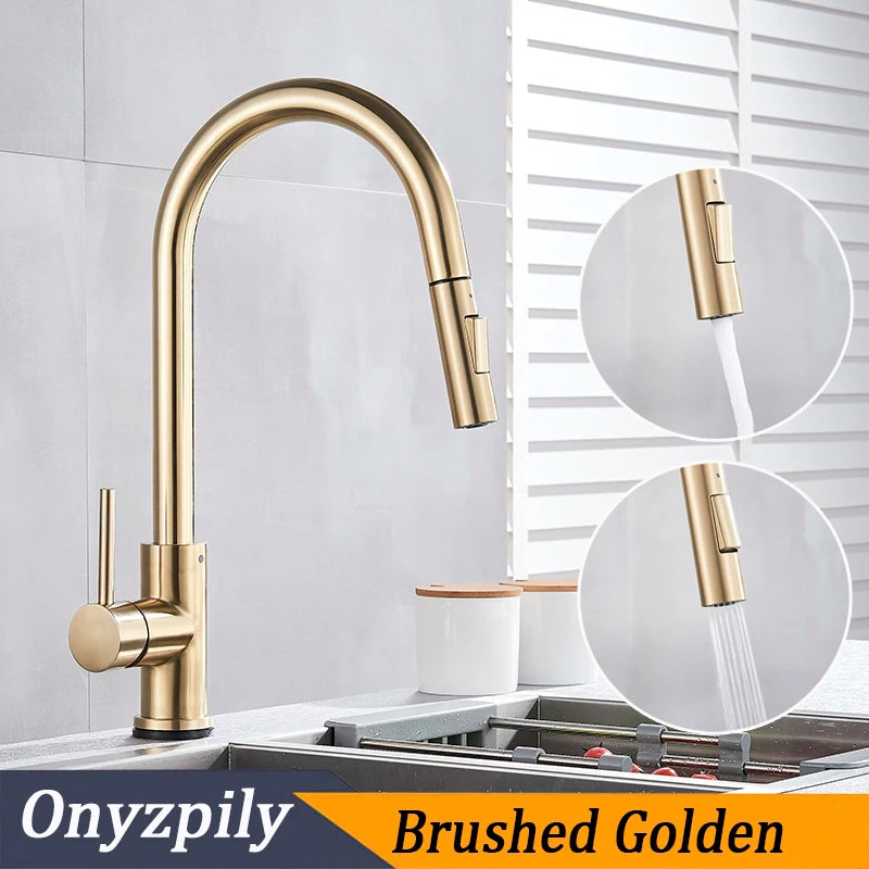 Brushed Smart Touch On Kitchen Faucet Sensor 360 Rotation Pull Out Single Handle Mixer Tap Two Water Modes Sink Crane Hot Cold