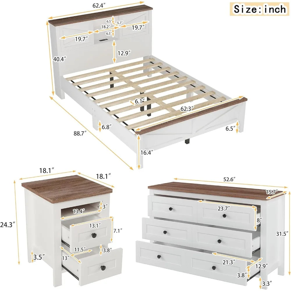 3-Pieces Bedroom Sets Queen Size Farmhouse Platform Bed with Double Sliding Door Storage Headboard, Storage Nightstand and Dress