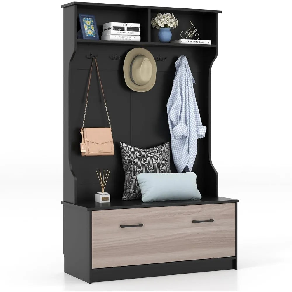 Hall Tree with Coat Rack and Storage Bench, Multifunctional Coat Rack with Entryway Bench, 5 Double Hooks